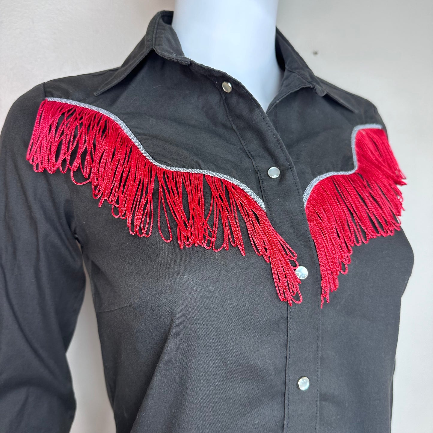 1970s Women’s Black Western Shirt with Red Fringe, Rockmount Ranch Wear Size Small, Cowgirl