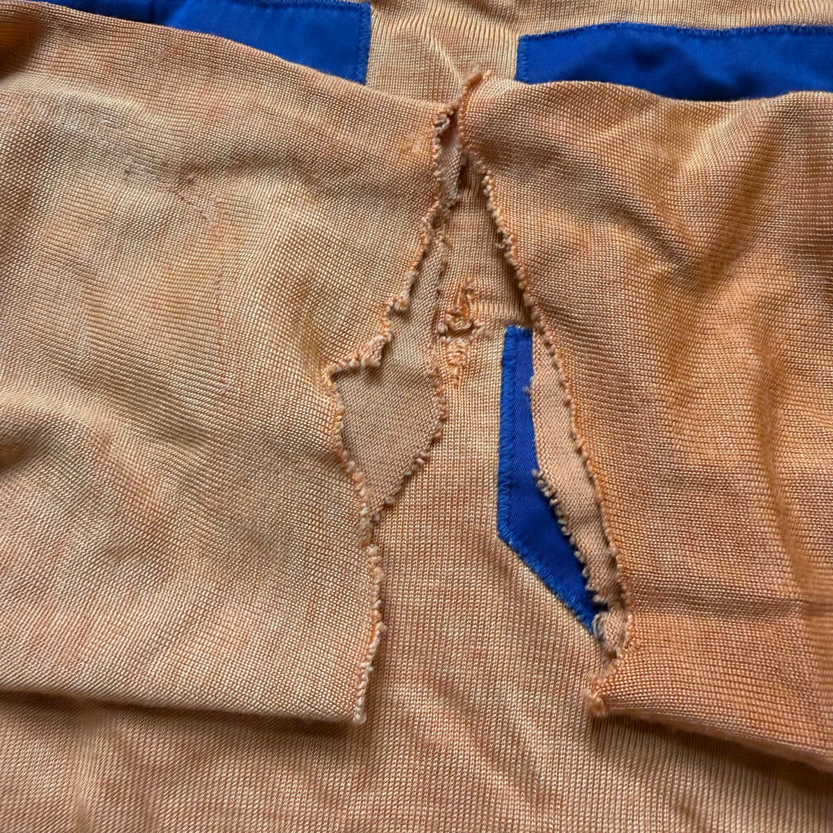 1950s Orange and Blue Durene Jersey, Appliqué No 55, Faded and Distressed, Size Medium
