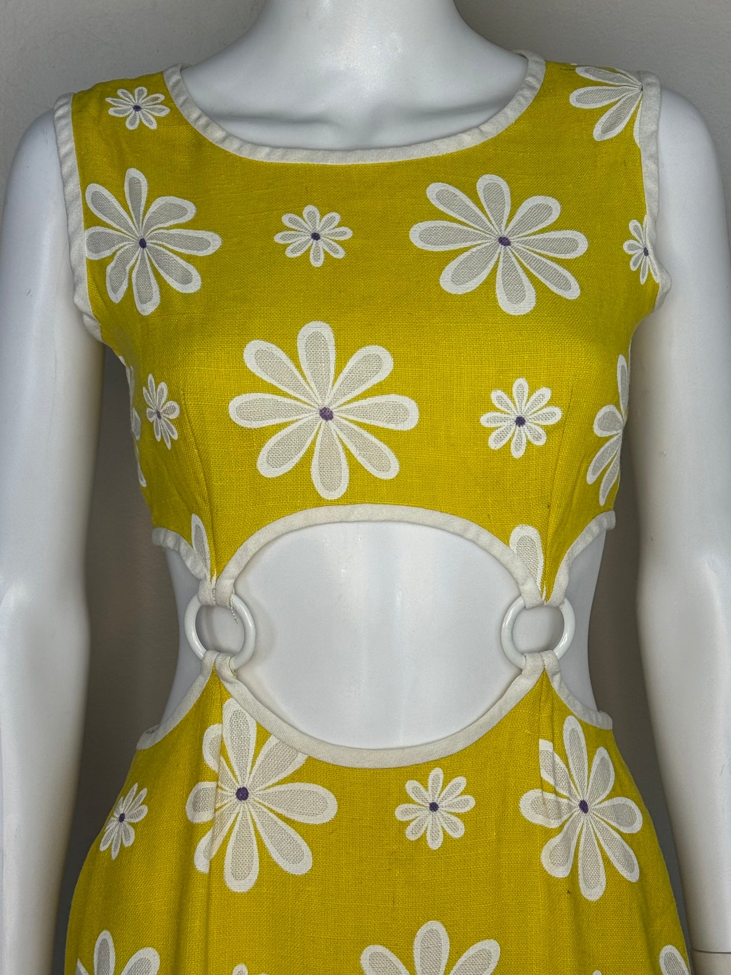 1960s Yellow Floral Mini Dress with Cut Outs and Rings, Handmade Size Small
