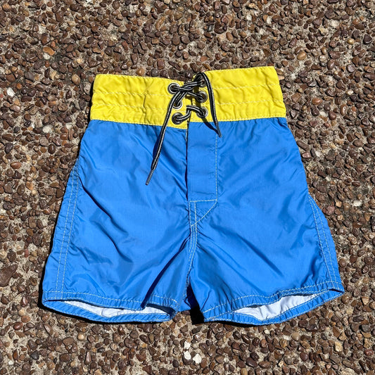 1980s Blue and Yellow Baby Swim Trunks, Birdwell Beach Britches Size 18 month, Surf Board Shorts