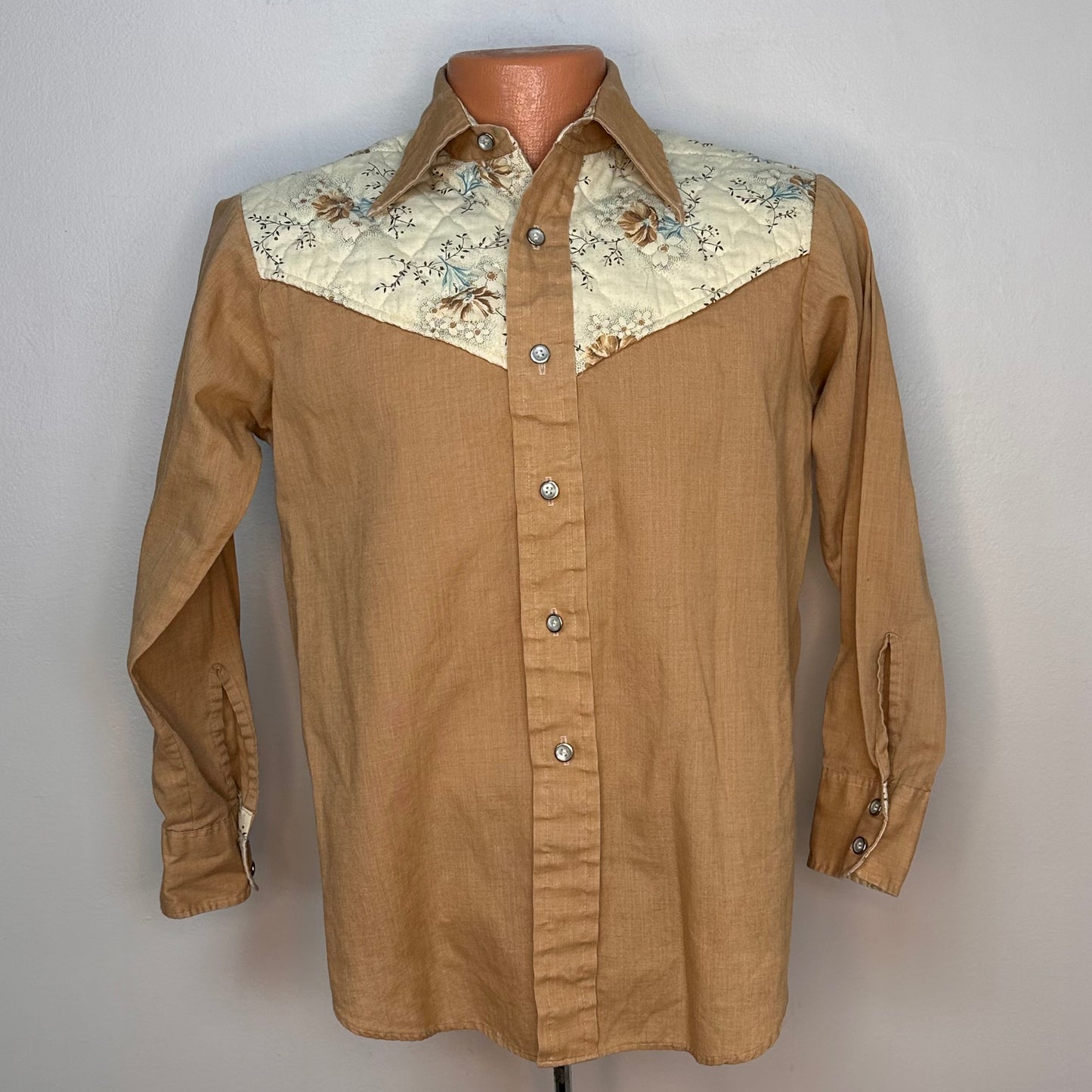 1970s Mocha Brown Western Shirt with Quilted Floral Contrasting Yoke, The Bruxton Husky Teen Size 16Shirt