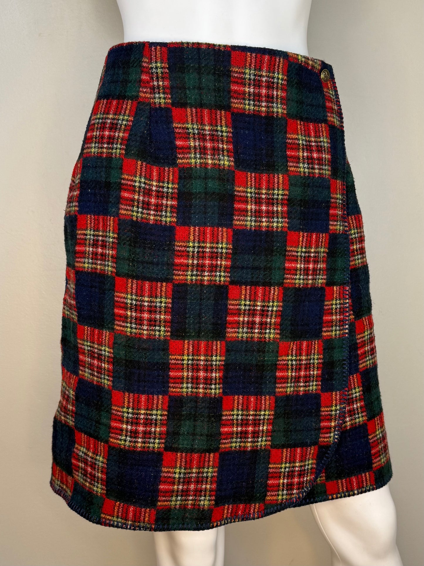Vintage 1990s Plaid Wrap Skirt, Eleanor Colton Size Medium, Wool Blend