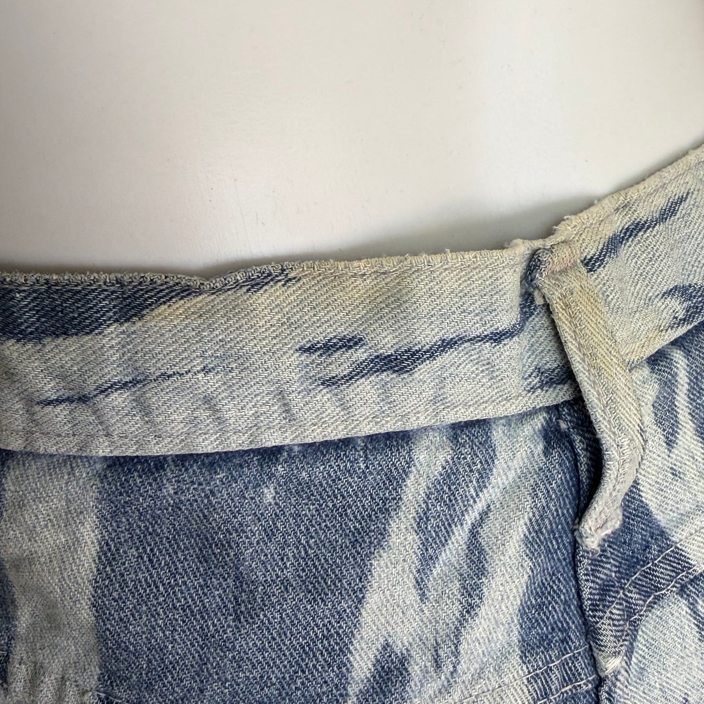 1970s Denim Shorts, Cut Off Jeans, Bleached Zebra Stripe, 35" Waist, Distressed