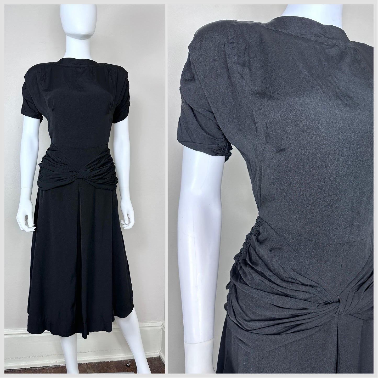 1940s Black Dress with Ruched Waist, R & K Originals Size XXS