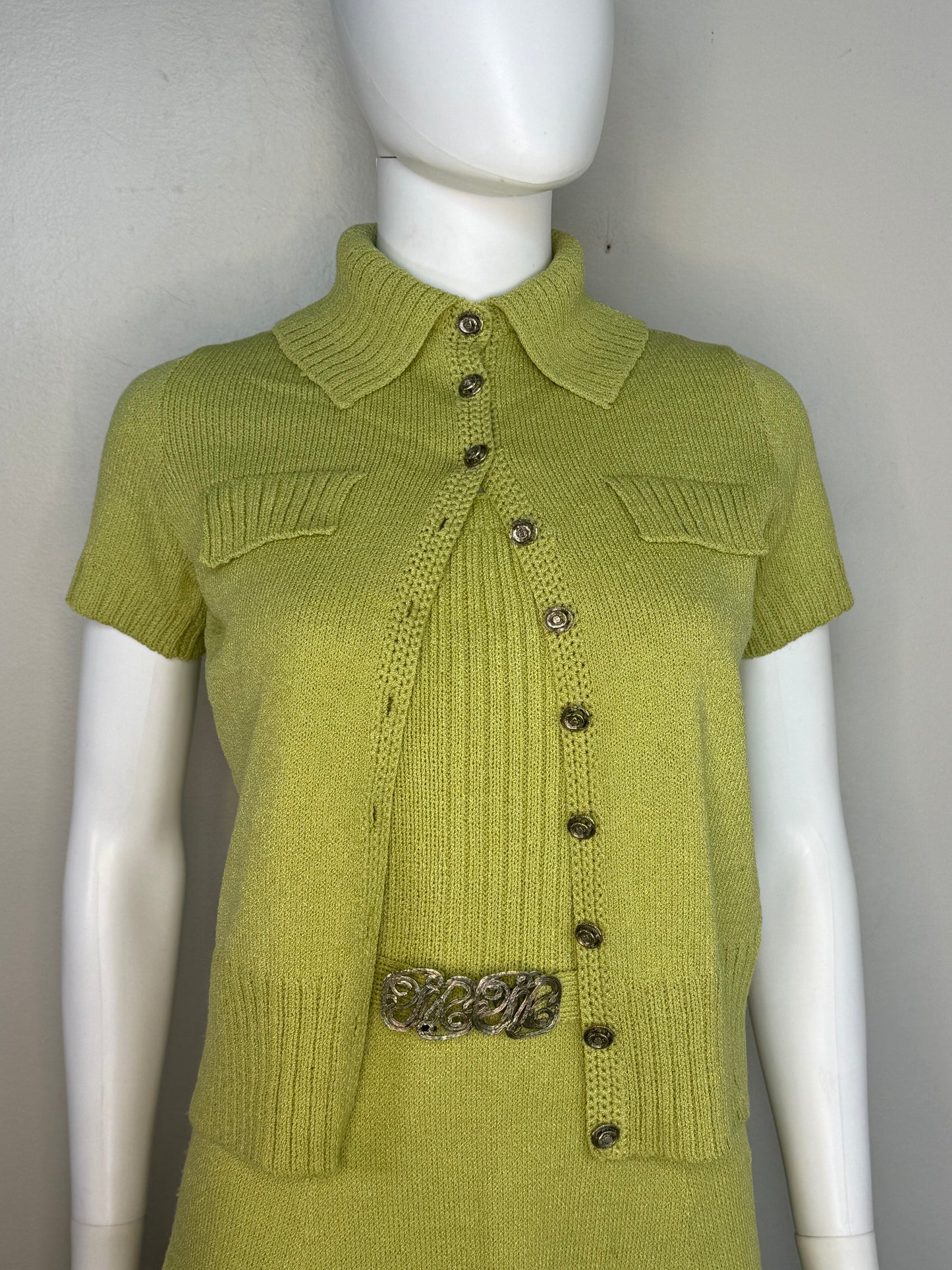 1960s/70s St John Knits Green Sleeveless Sweater Dress and Matching Short Sleeve Cardigan, Size XS-Small