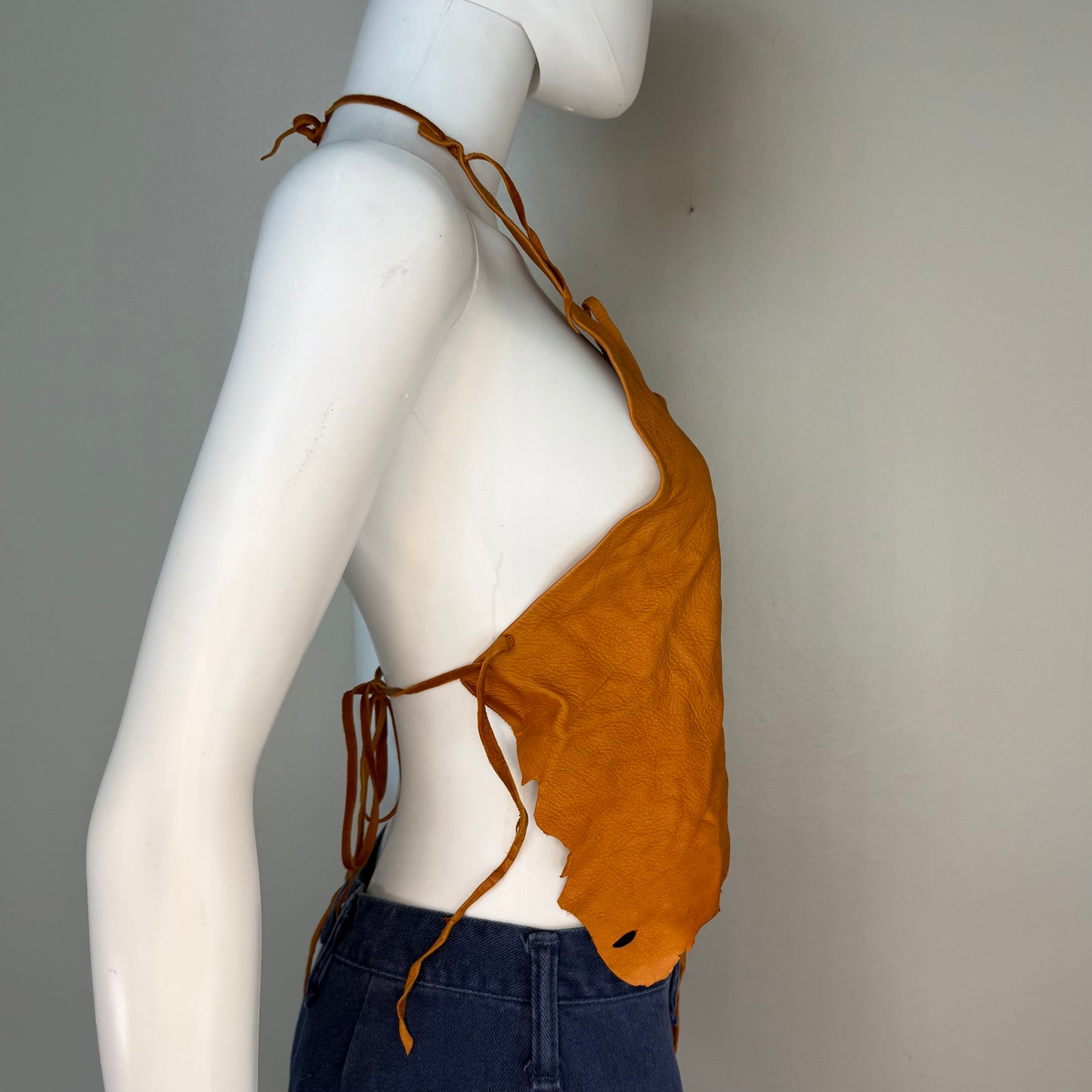 1970s Brown Leather Hide Halter Top, Cropped, Open Back, Handmade Size XS-Small