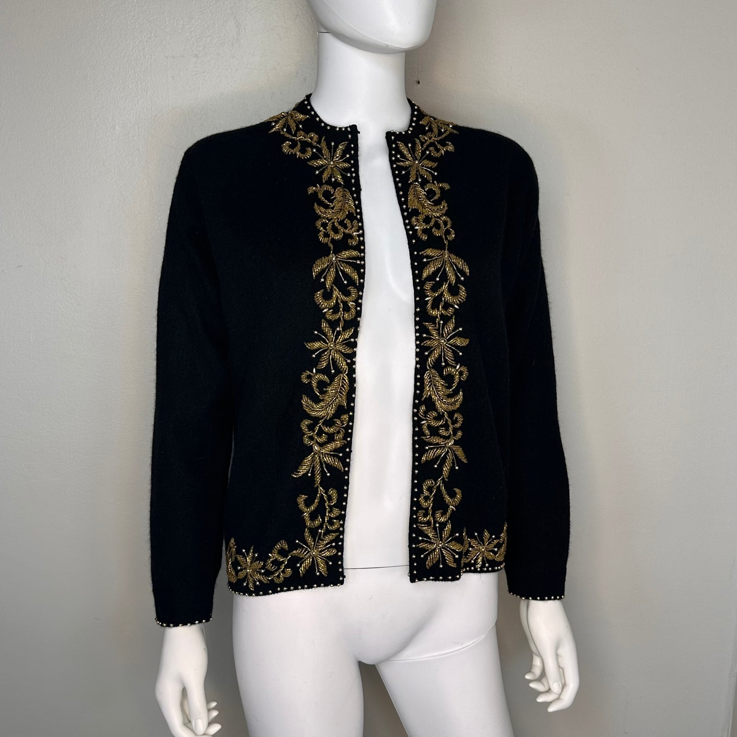 1960s Black Angora Blend Cardigan with Gold Beading, Marshall Field & Company Size Medium