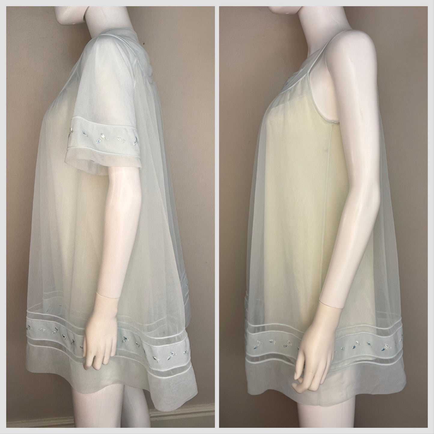 1960s Pale Blue Peignoir Set, Nightgown and Short Sleeve Robe, Shadowline Petite Size XS
