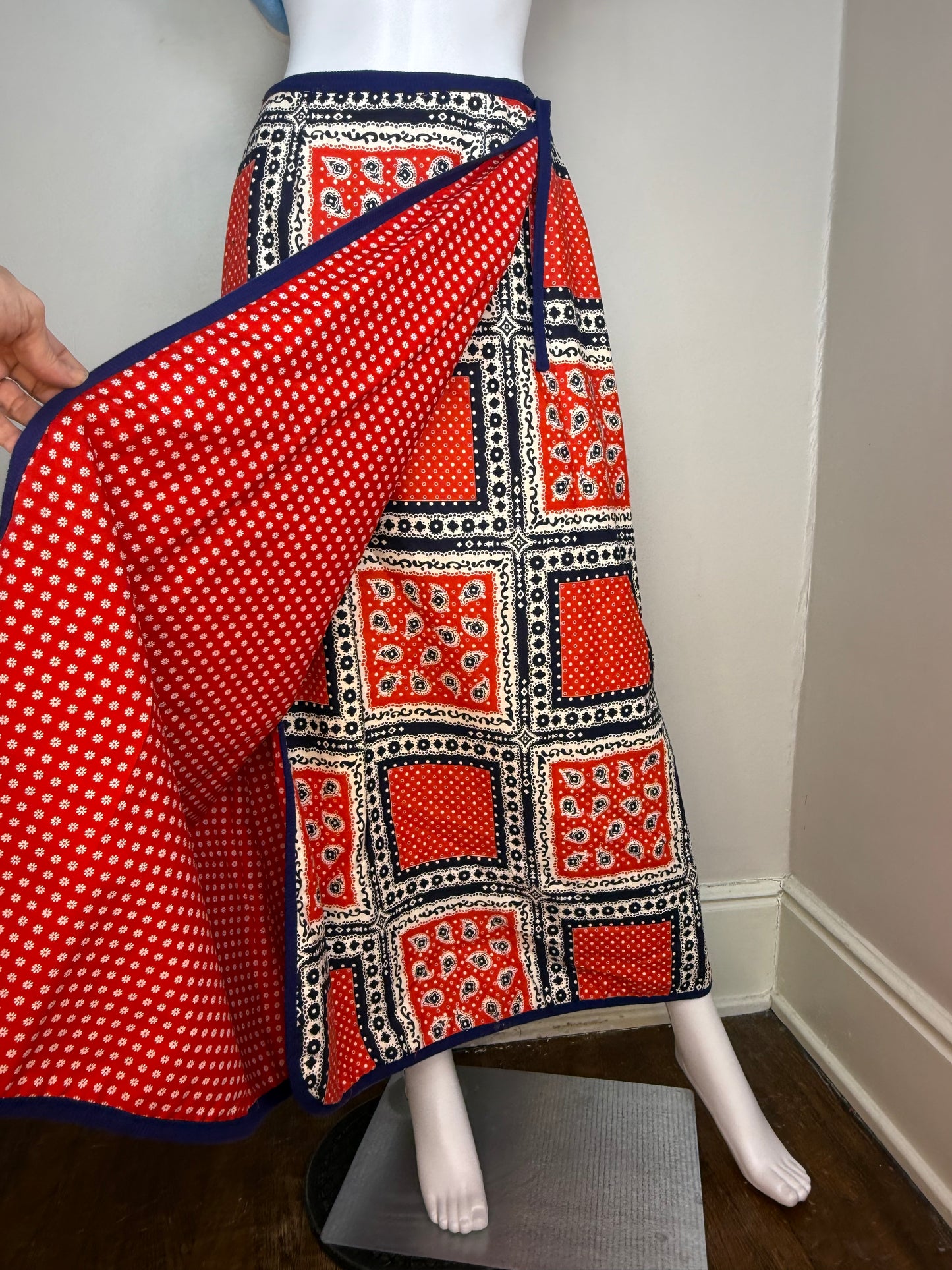 1960s/70s Bandana Print Maxi Wrap Skirt, by David Smith Size Small, Red White & Blue