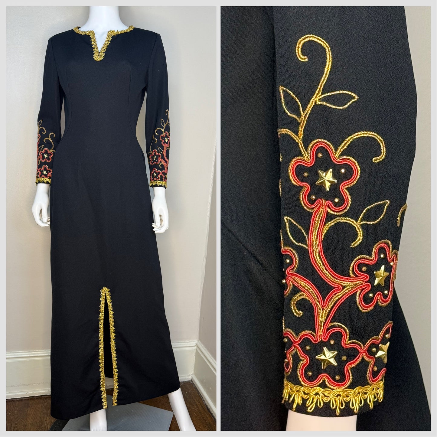 1960s/70s Black Maxi Dress with Embellished Sleeves and Gold Trim, Handmade Size S/M