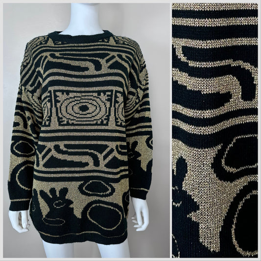 1980s Black and Gold Tribal Design Stripe Oversized Sweater Tunic, Gladys Bagley Size Medium