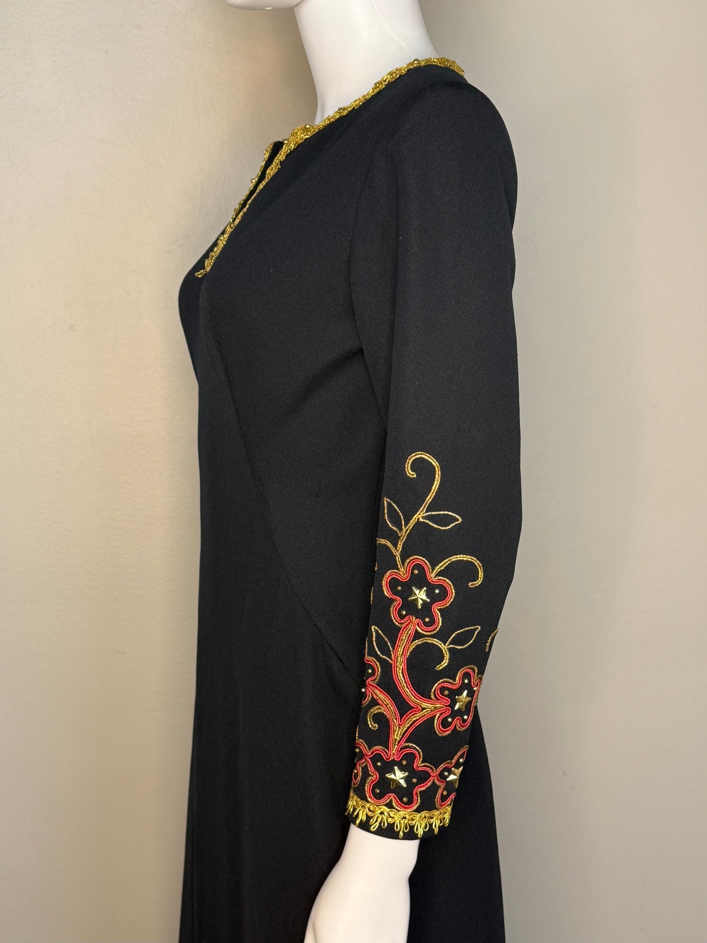1960s/70s Black Maxi Dress with Embellished Sleeves and Gold Trim, Handmade Size S/M