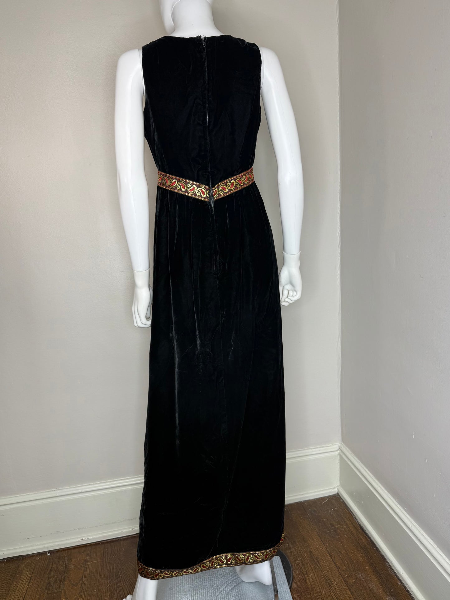 1960s Black Velvet Maxi Dress with Metallic Gold and Red Ribbon Trim, Size Small