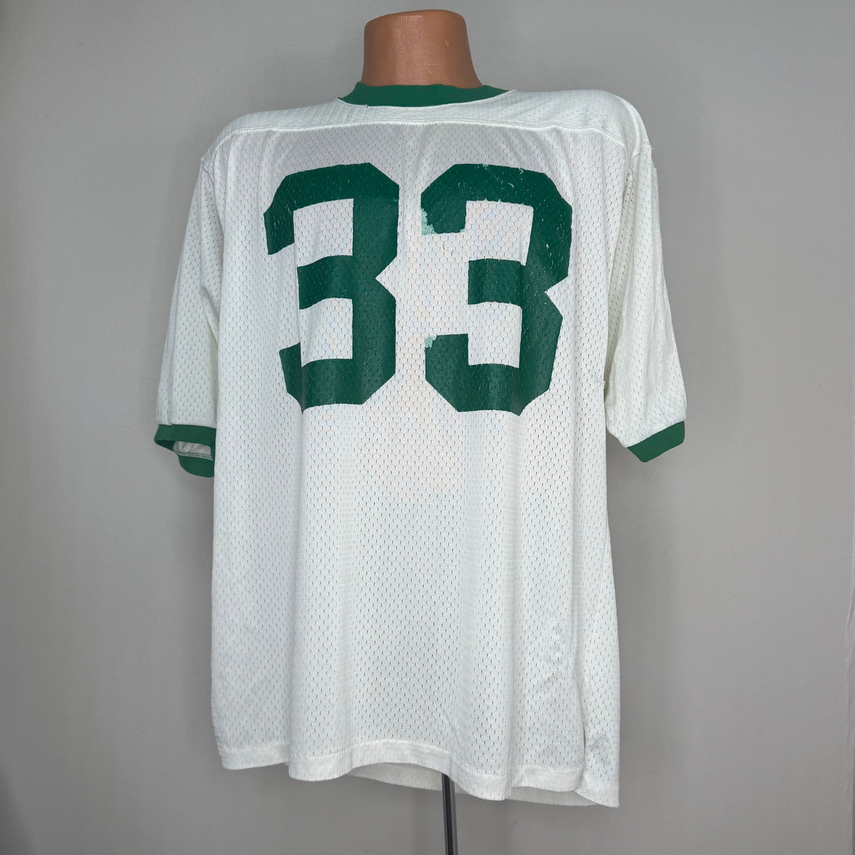 1970s White and Green Mesh Jersey, Southern Athletic Size Large, No. 33
