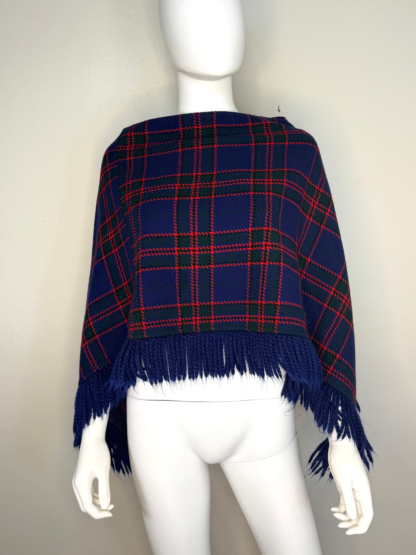 1960s/70s Navy Blue Plaid Poncho with Fringe, Glentex Size XS-Medium