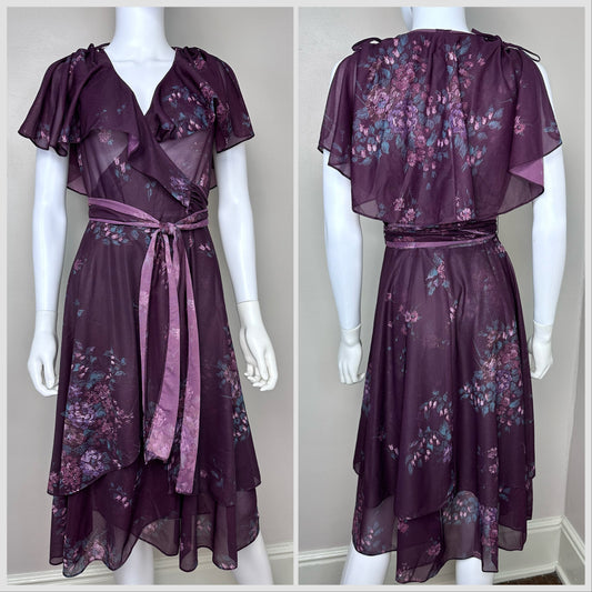 1970s Sheer Purple Floral Layered Wrap Dress, Patty O’Neil Size XS