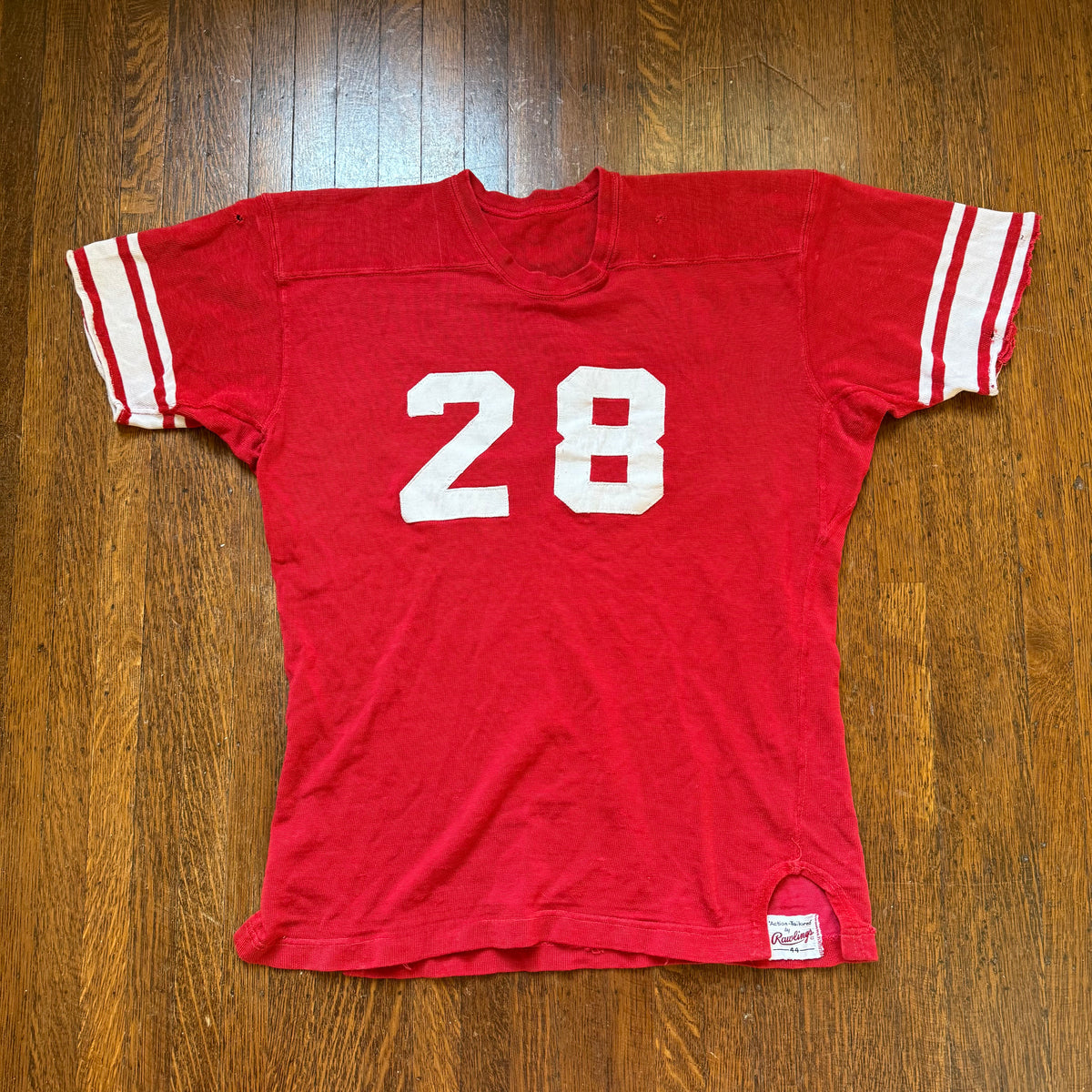 1960s Red Durene Jersey, Action-Tailored by Rawlings Size 44, No 28, Distressed