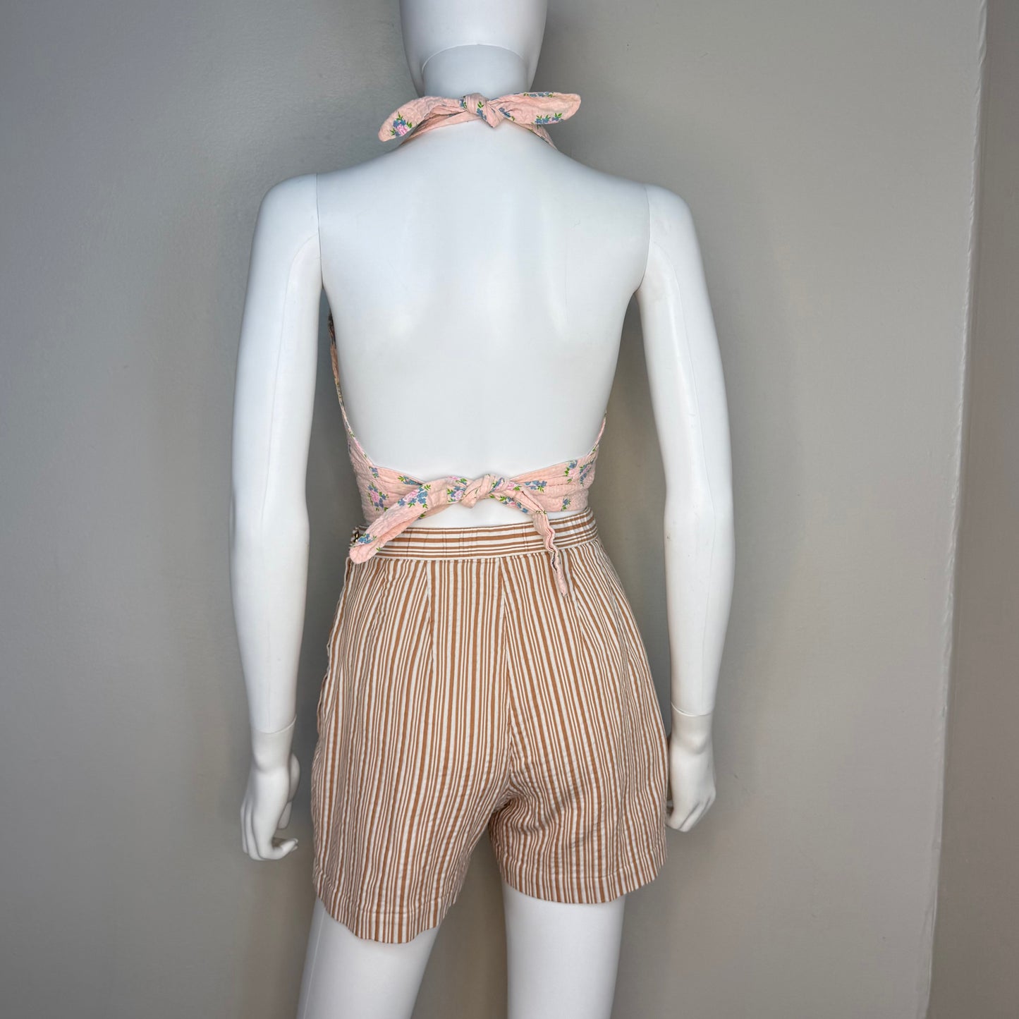 1950s Brown and White Stripe Side Zip Shorts, Size X-Small