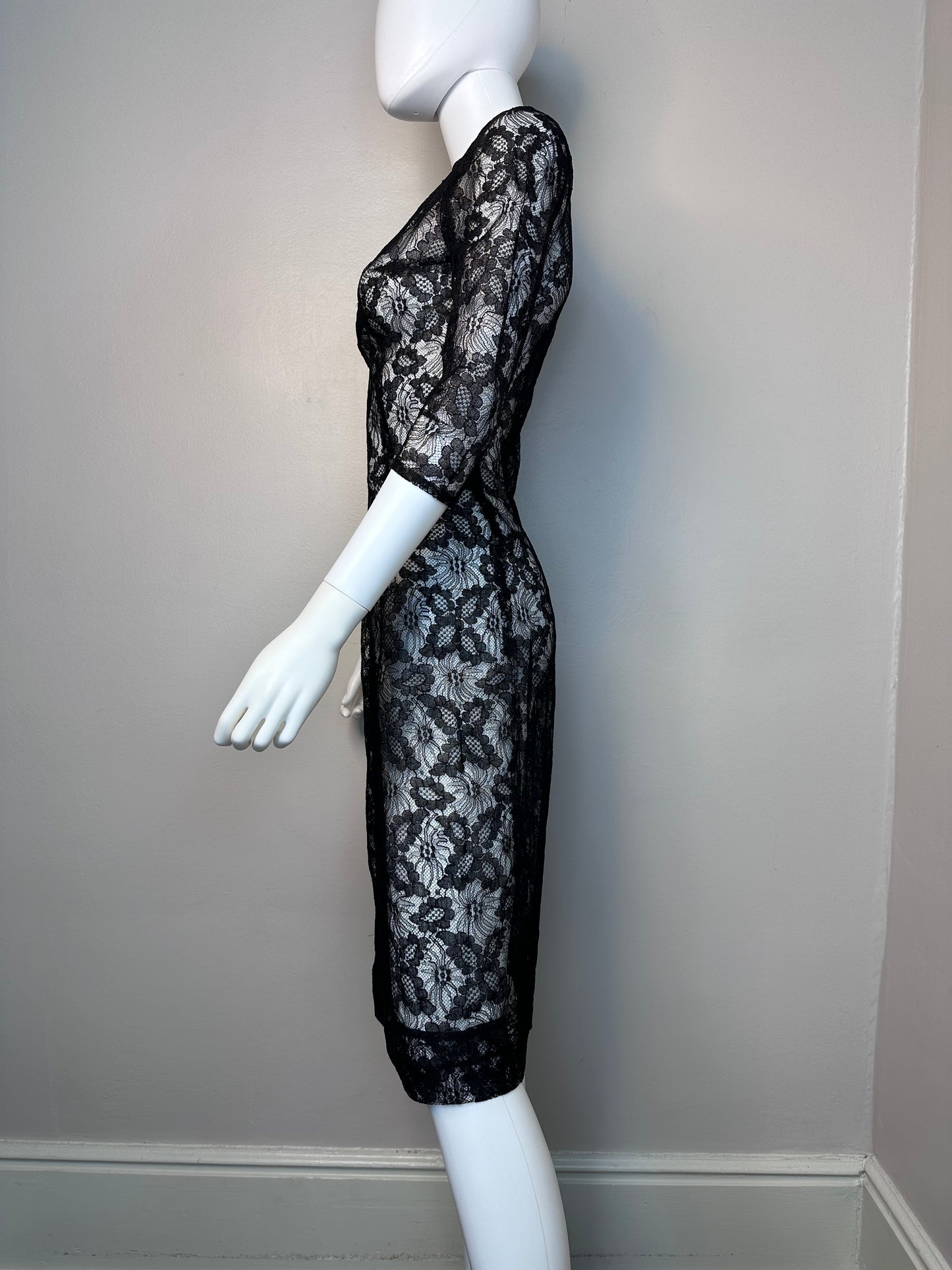 1960s Sheer Black Lace Dress, Size XS, Fitted Midi Length, Boat Neck, 3/4 Sleeves