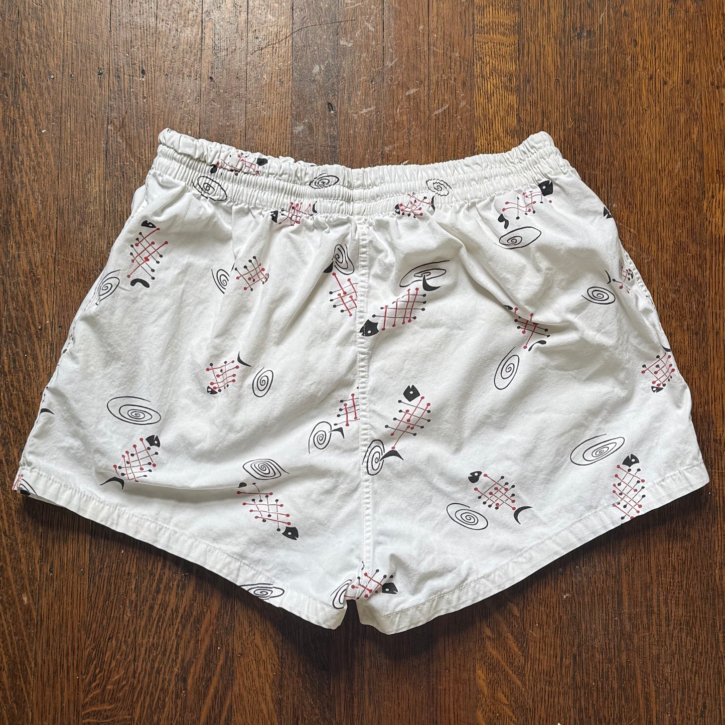 1950s Men’s Swim Trunks, Fish Bones Novelty Print, Cotton Swimsuit Shorts, Size Small