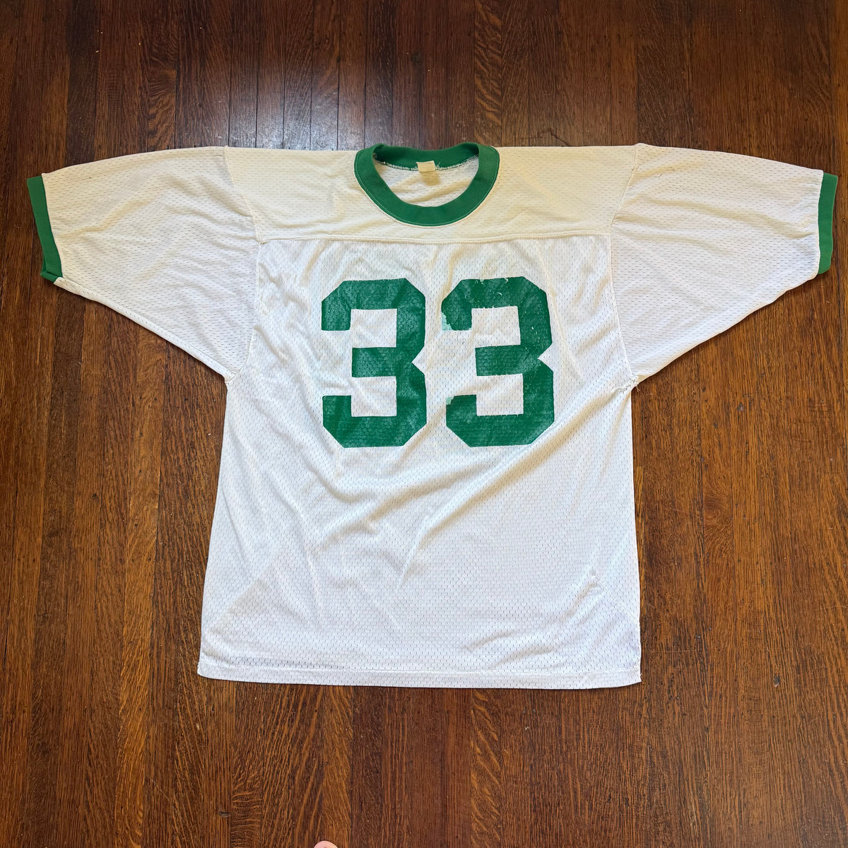 1970s White and Green Mesh Jersey, Southern Athletic Size Large, No. 33