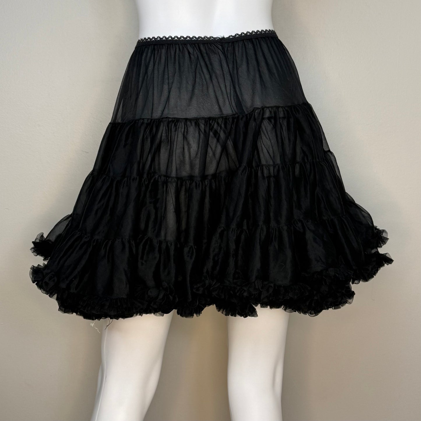 1980s Black Tiered Layered Ruffle Petticoat Half Slip, Malco Modes Size Small-Medium