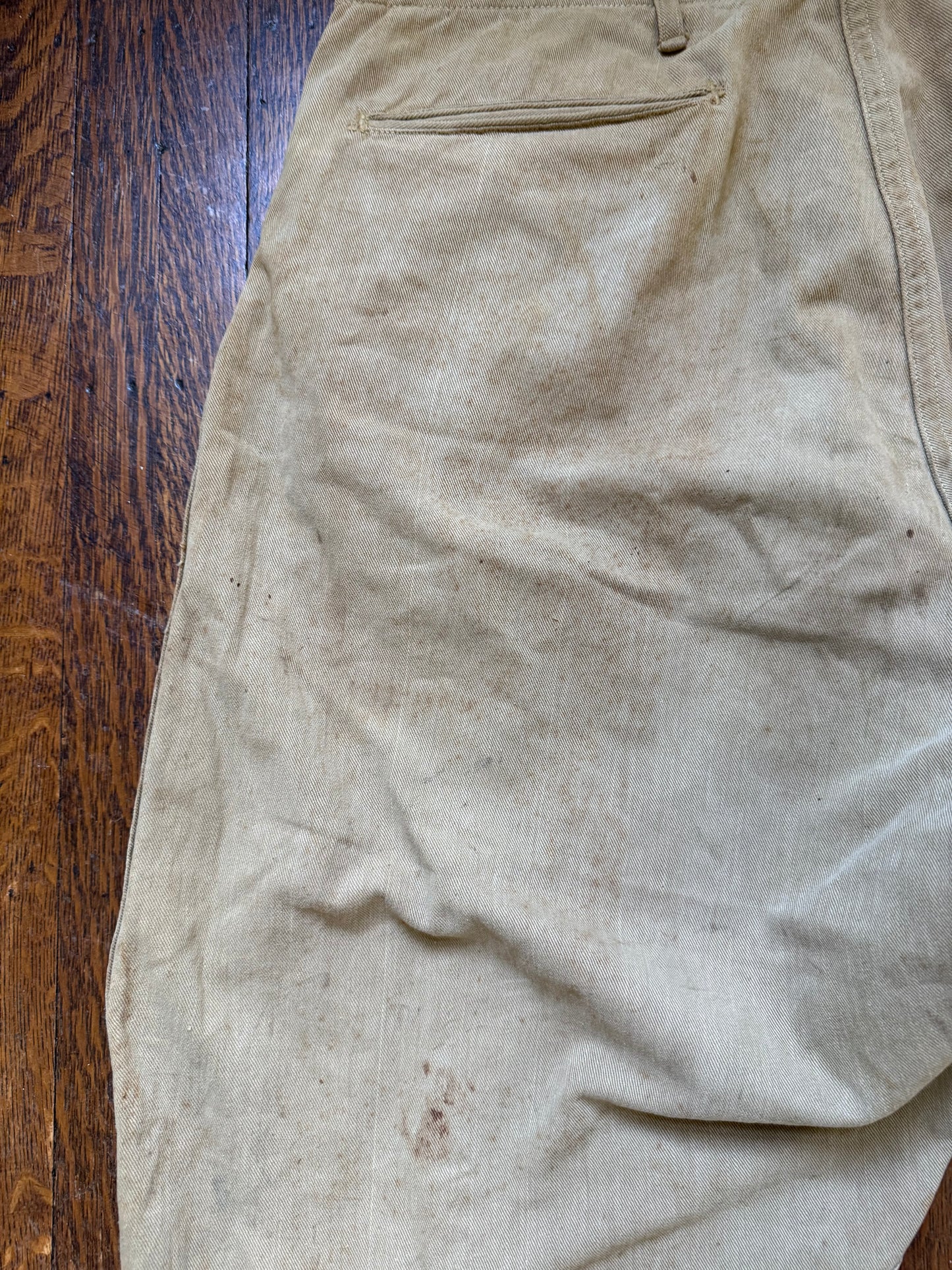 1910s WW1 Khaki Canvas Jodhpurs Pants, Summer Riding Breeches, Distressed Patina, 33"x26.25"