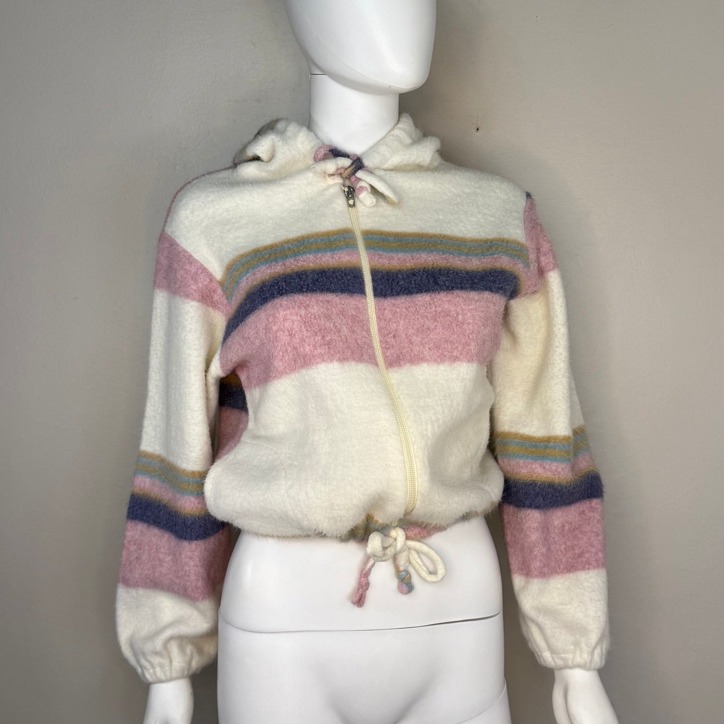 1970s Striped Fleece Hooded Jacket, Cream and Pink, Size Small