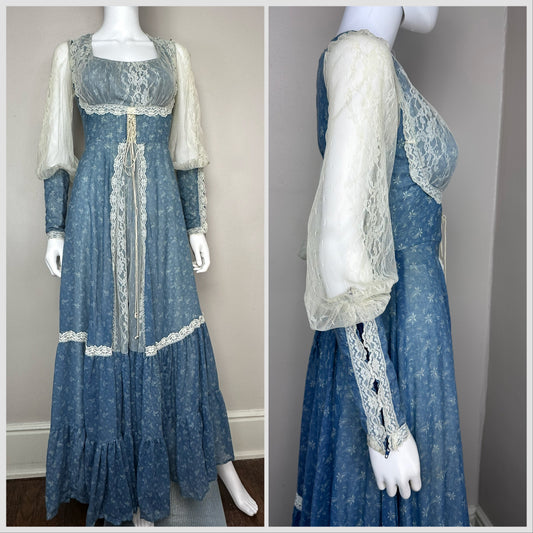 1970s Blue Paisley and Lace Gunne Sax Maxi Dress, Renaissance, Prairie Cottagecore, Gunne Sax by Jessica San Francisco Size XS