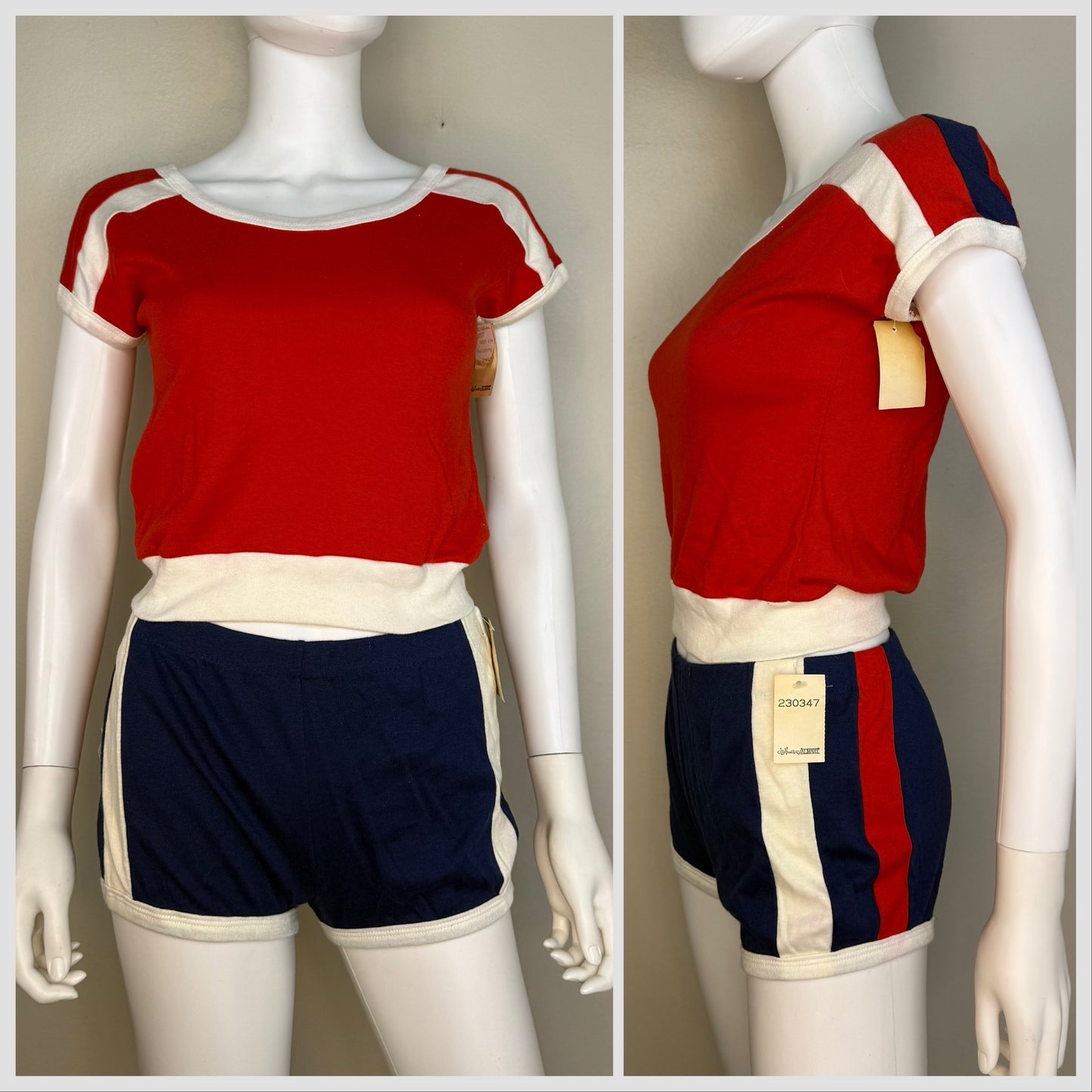1970s/80s Red Knit Top and Shorts Set with Blue and White Stripes, Size XS-Small, Deadstock