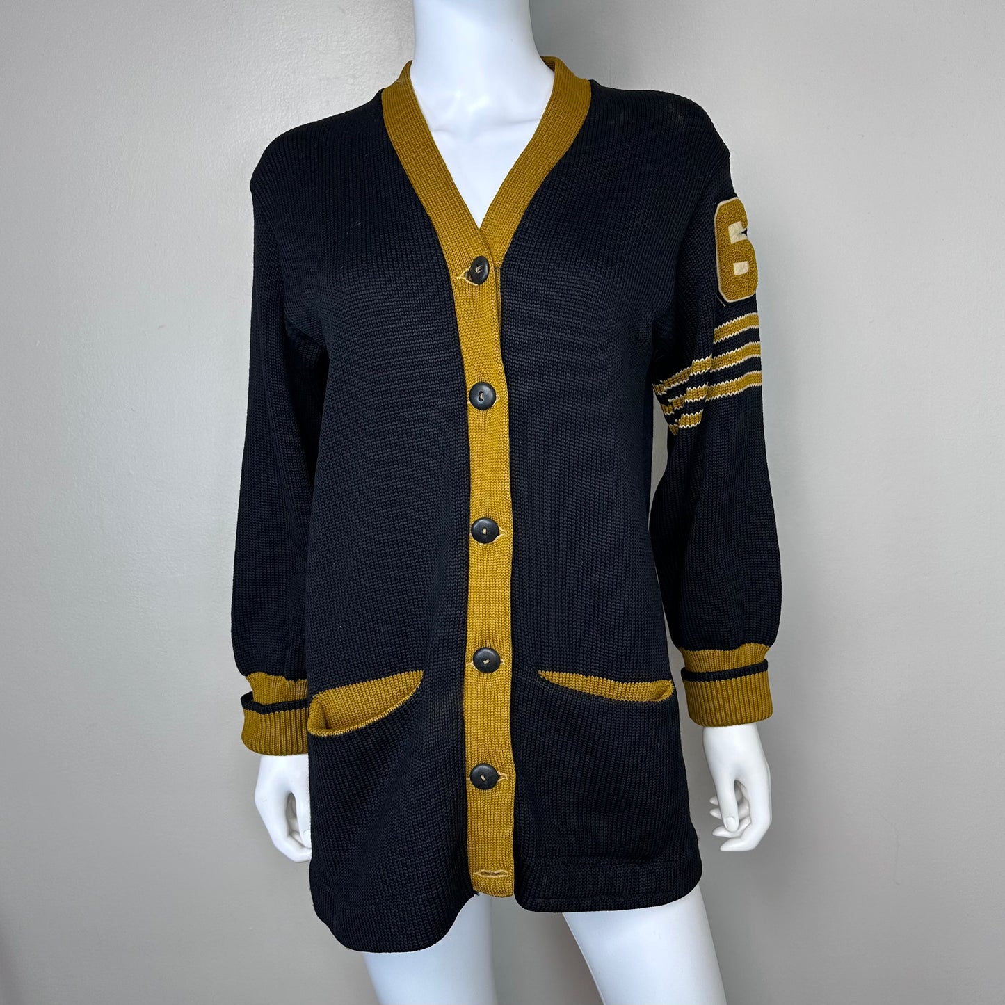 1960s Varsity Cardigan Sweater, Size Medium, Black and Gold, 67