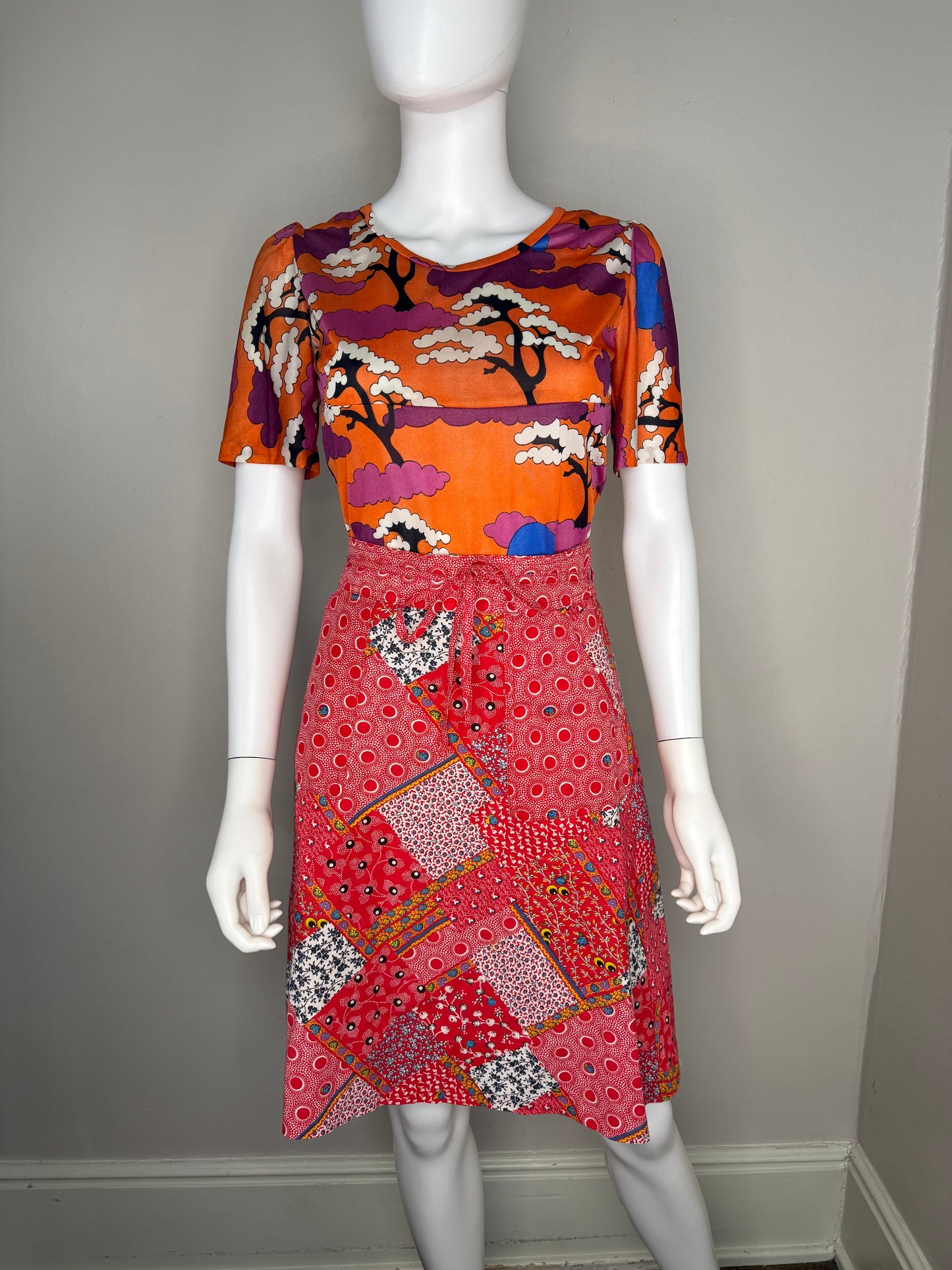 1970s Red Patchwork Print Wrap Skirt, Runky Size XS, Floral and Polka Dot