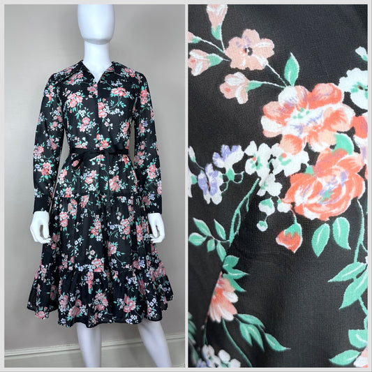 1970s Black Floral Dress, Herman Marcus Dallas Size XS