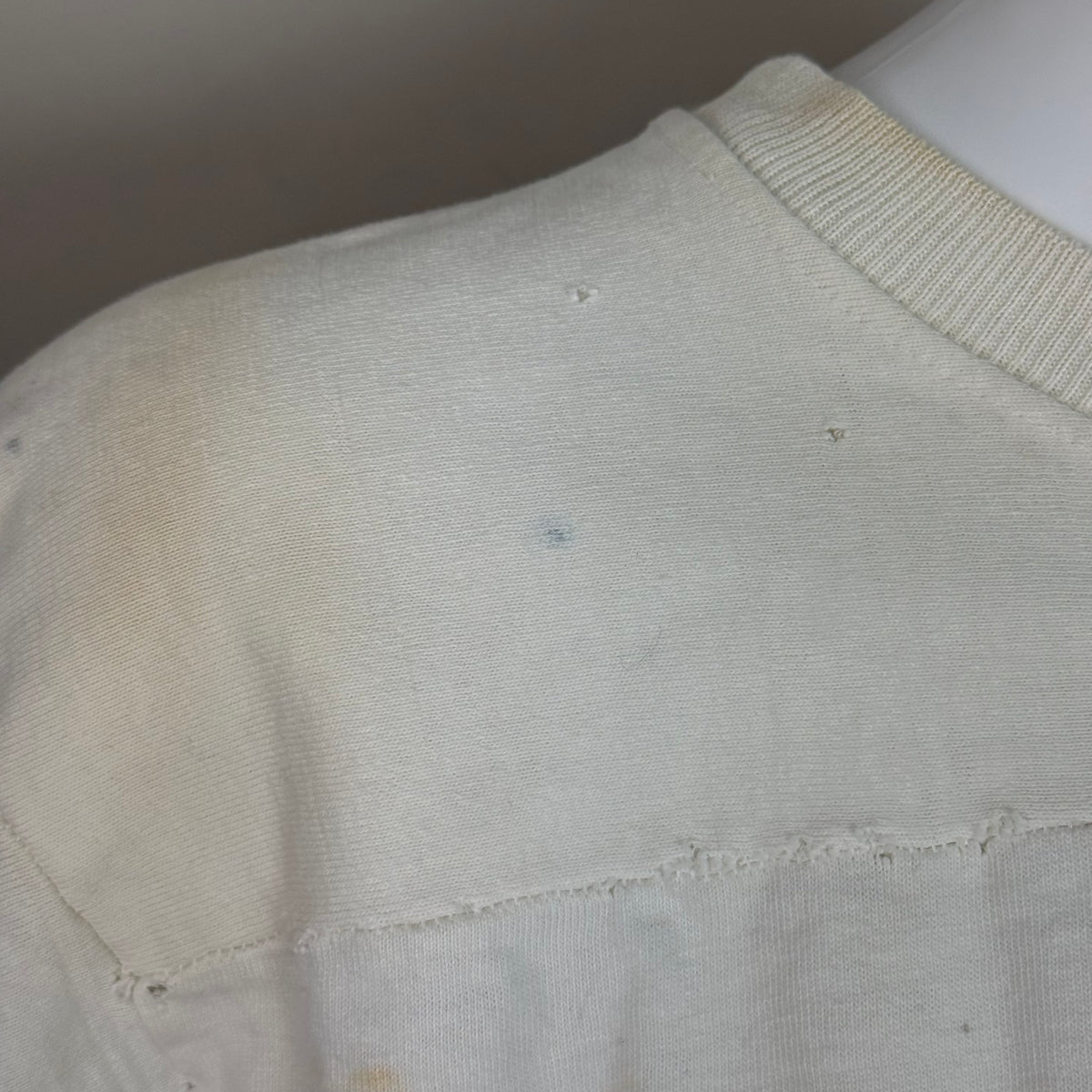 1960s White Cotton Jersey, Size Large, No 77, Chainstitch Name GANG, Very Distressed