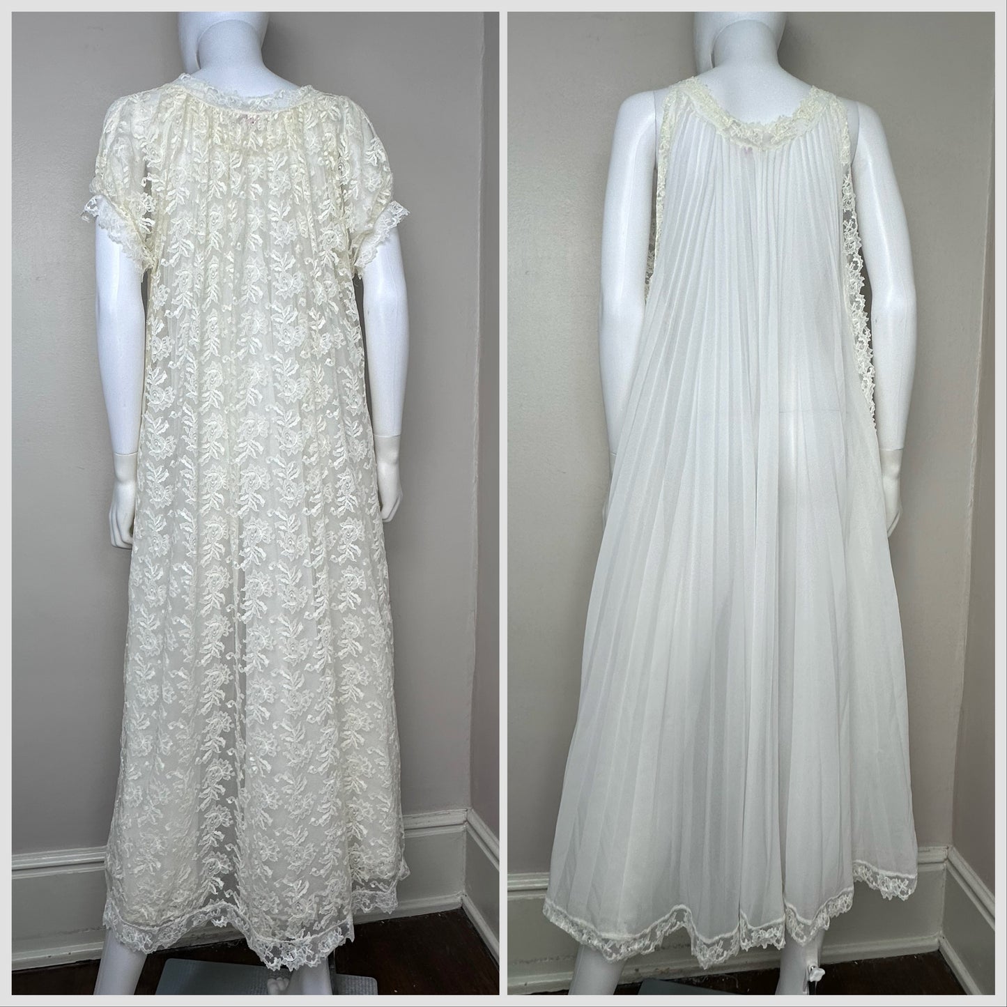 1960s Peignoir Set, Parisian Maid Size Medium, White Pleated Full Sweep Nightgown, Cream Lace Short Sleeve Robe