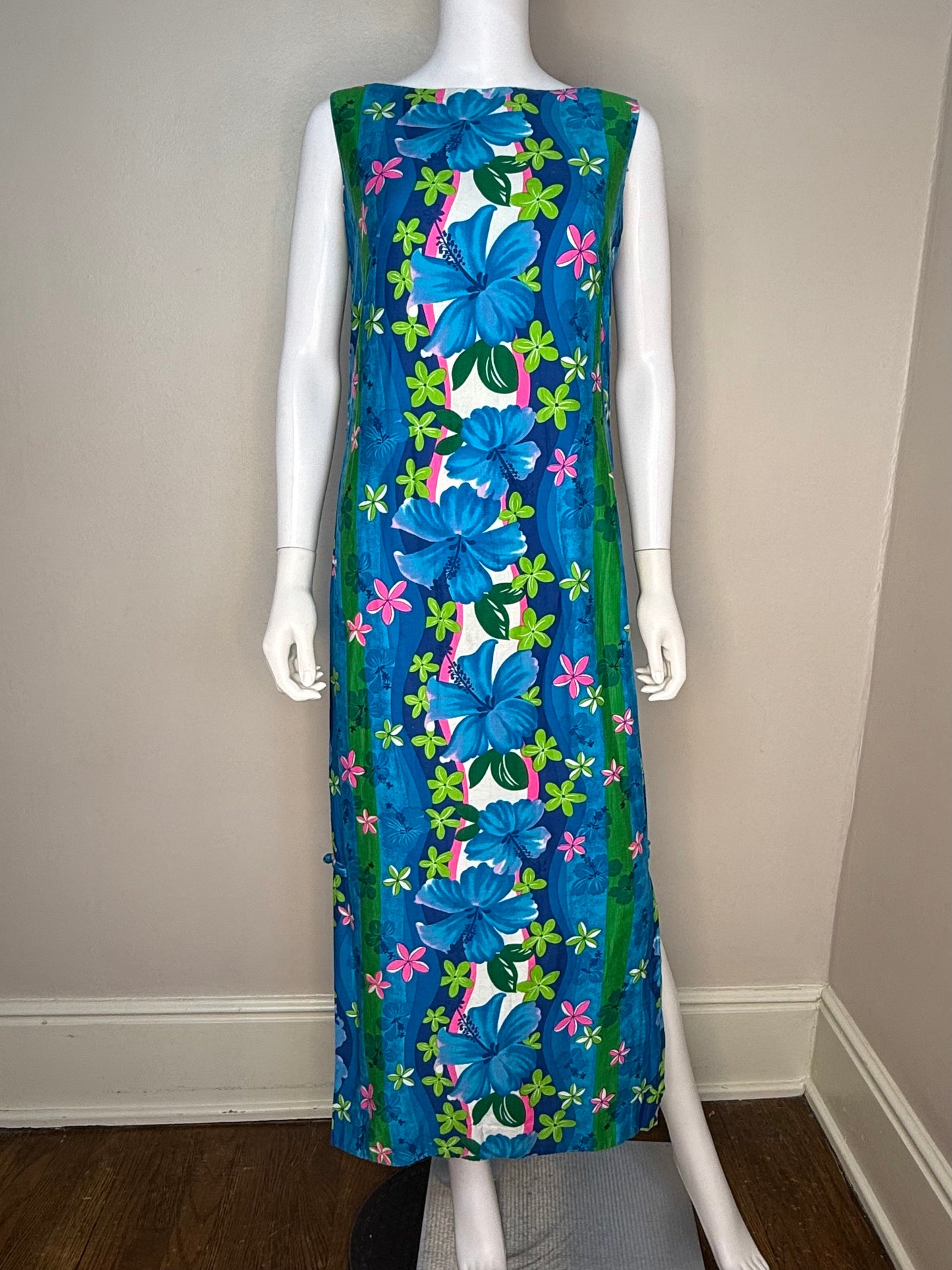 1960s Royal Hawaiian Sleeveless Maxi Dress, Size Small, Cotton Floral