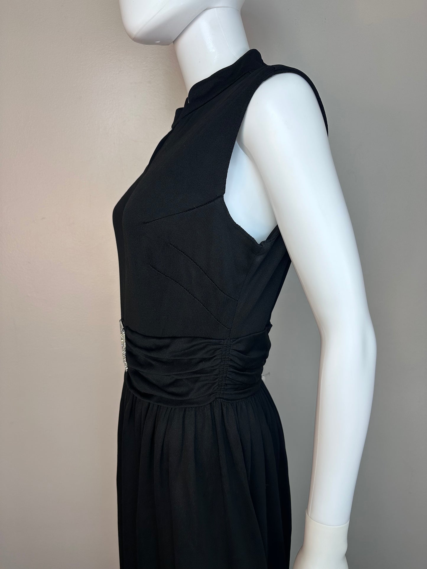 1970s Black Sleeveless Maxi Dress with Rhinestone Buckle, Size Medium