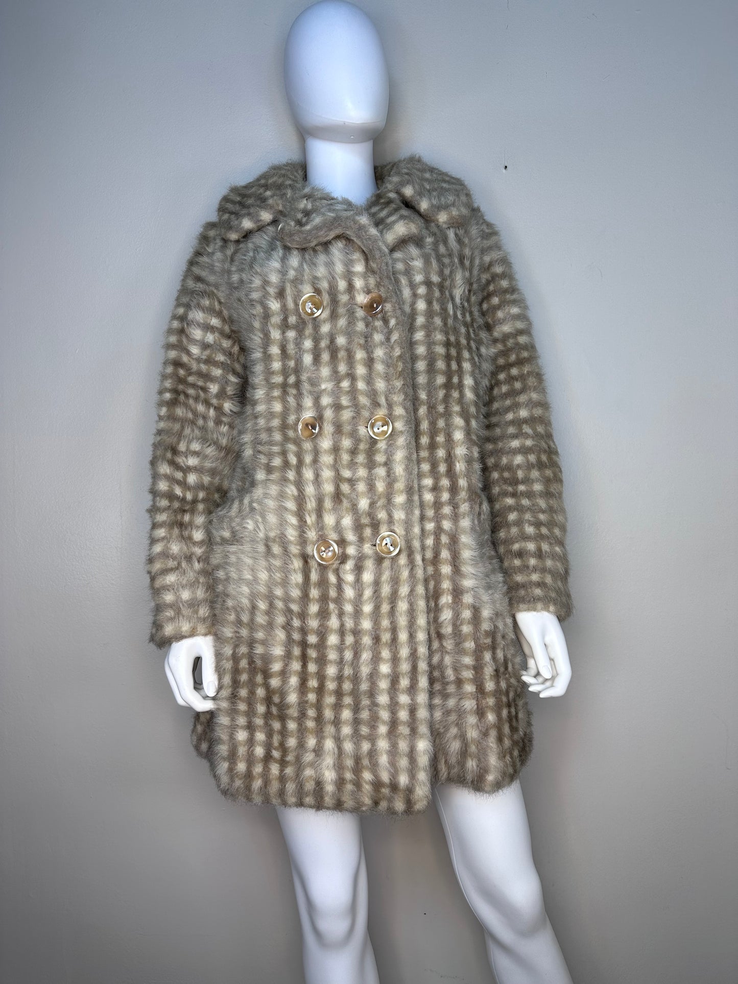 1960s Tan Plaid Faux Fur Coat, Size Small