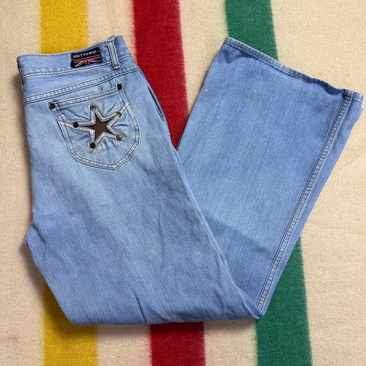 1970s Brittania Bell Bottom Jeans with Star Pocket, 34"x31.75"