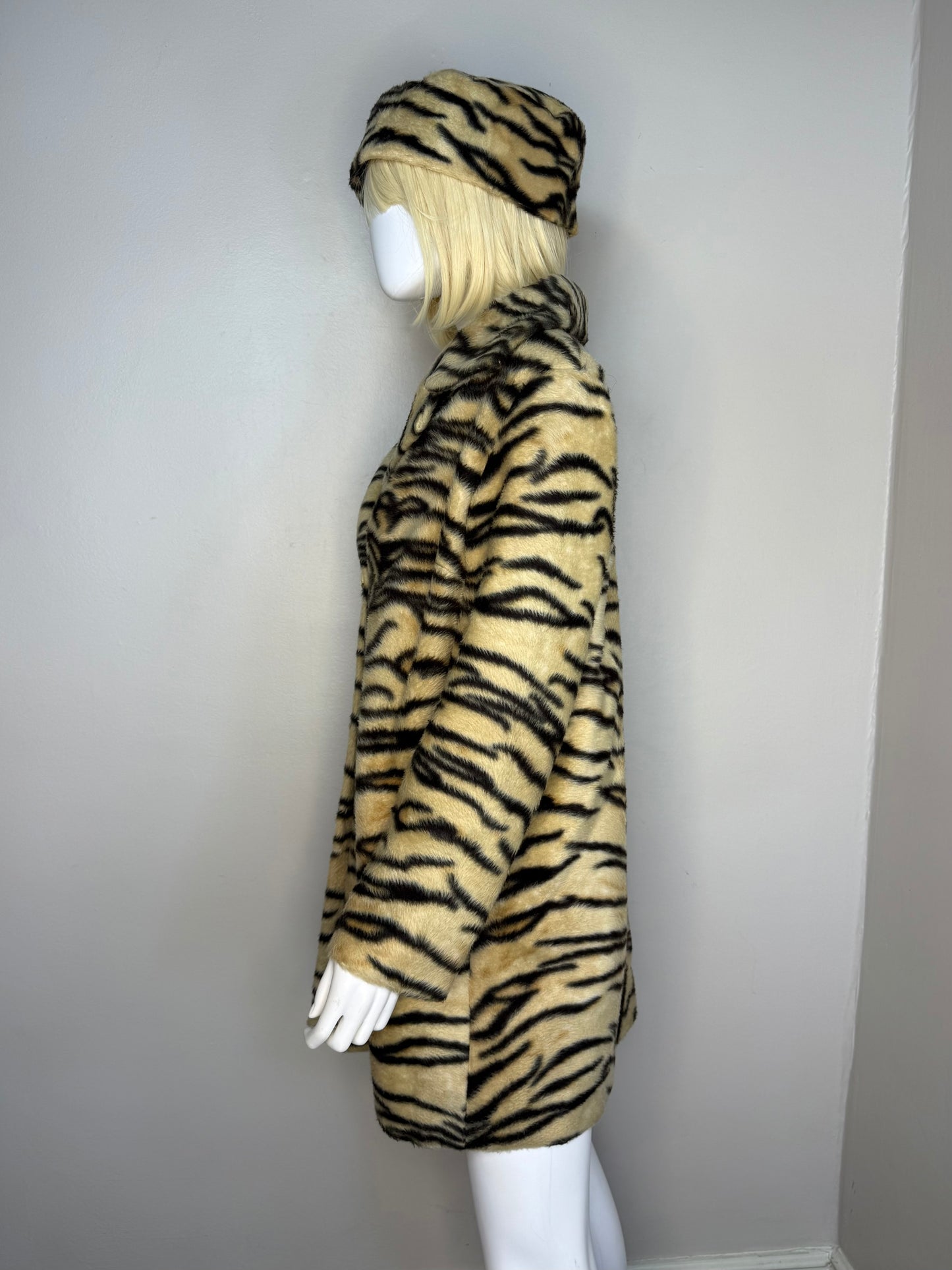 1960s Tiger Print Faux Fur Coat and Hat Set, Handmade Size Medium-Large