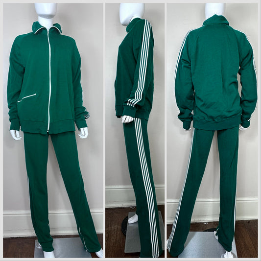 1970s Green Tracksuit, Jog-Joy Size Large/XL Tall, Warm Up Suit with Jacket and Pants, Tennis, Jogging, Running