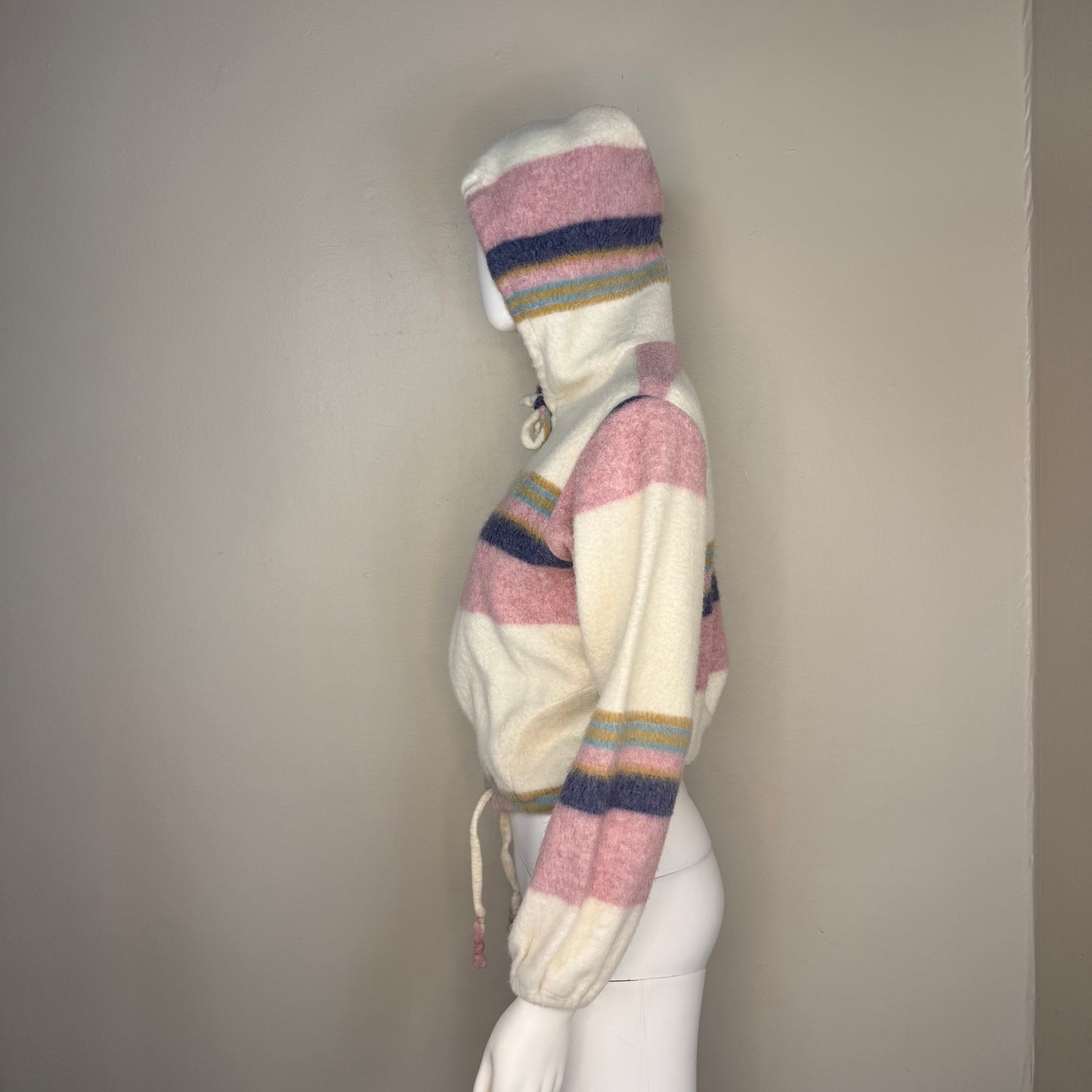 1970s Striped Fleece Hooded Jacket, Cream and Pink, Size Small