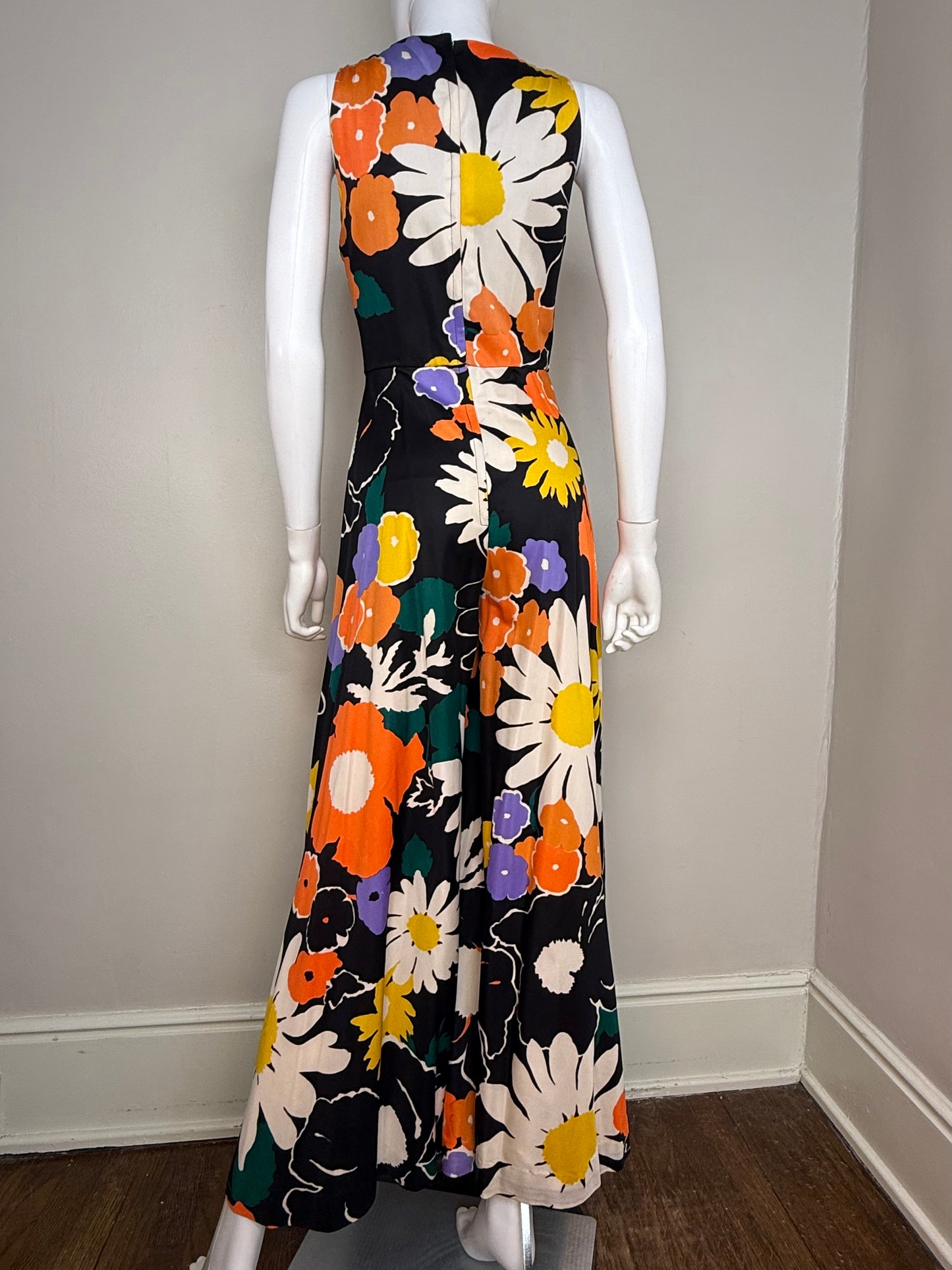 1960s/70s Black Floral Wide Leg Jumpsuit, Size XXS/XS
