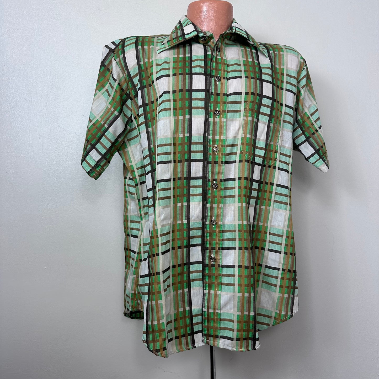 1970s/80s Green Plaid Short Sleeve Shirt, Omni New York Size XL