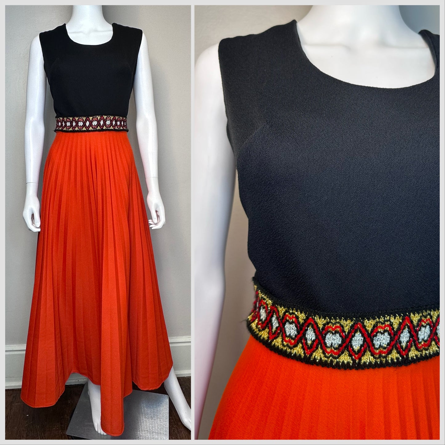 1970s Black and Orange Maxi Dress, Size Small-Medium, Halloween