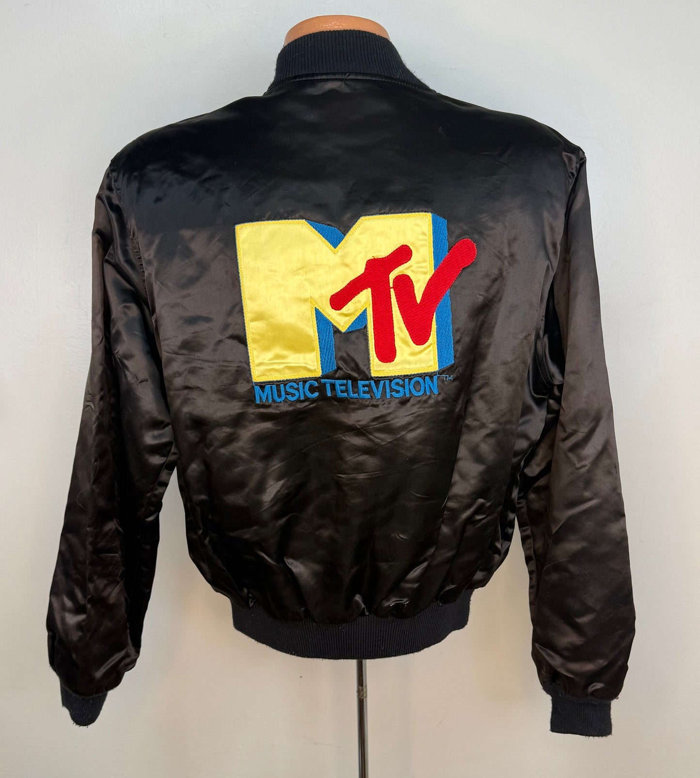 1980s MTV Black Satin Jacket, Custom Jackets by Creative Embroidery Size Medium, Music Television Videos