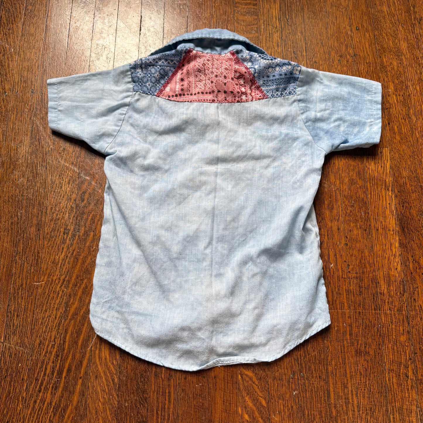 1970s Kids’ Western Shirt, Blue Cloudy Dye and Bandana Patchwork, Size 6