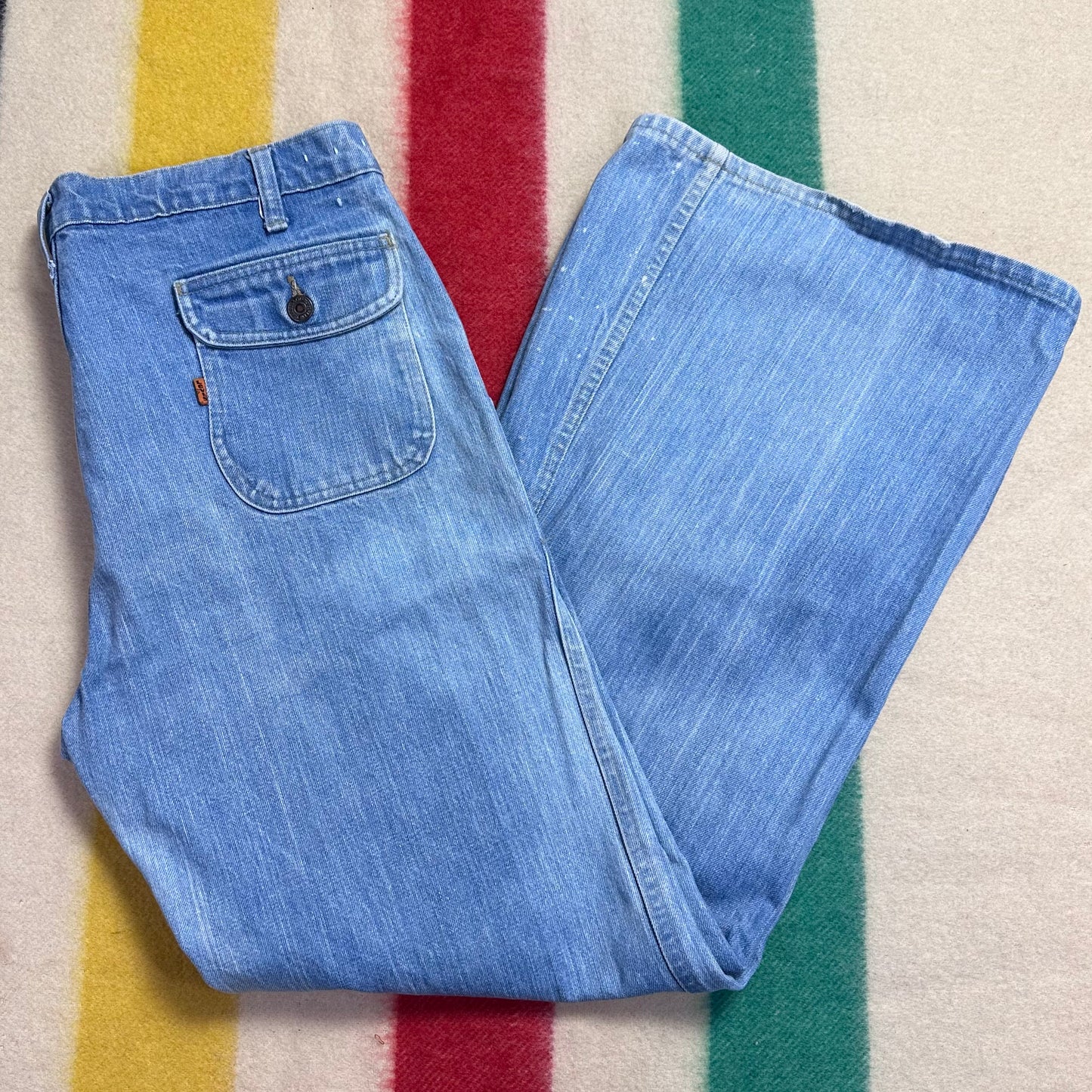 1970s Levi’s Orange TabBell Bottom Blue Jeans, 35.5"x31"