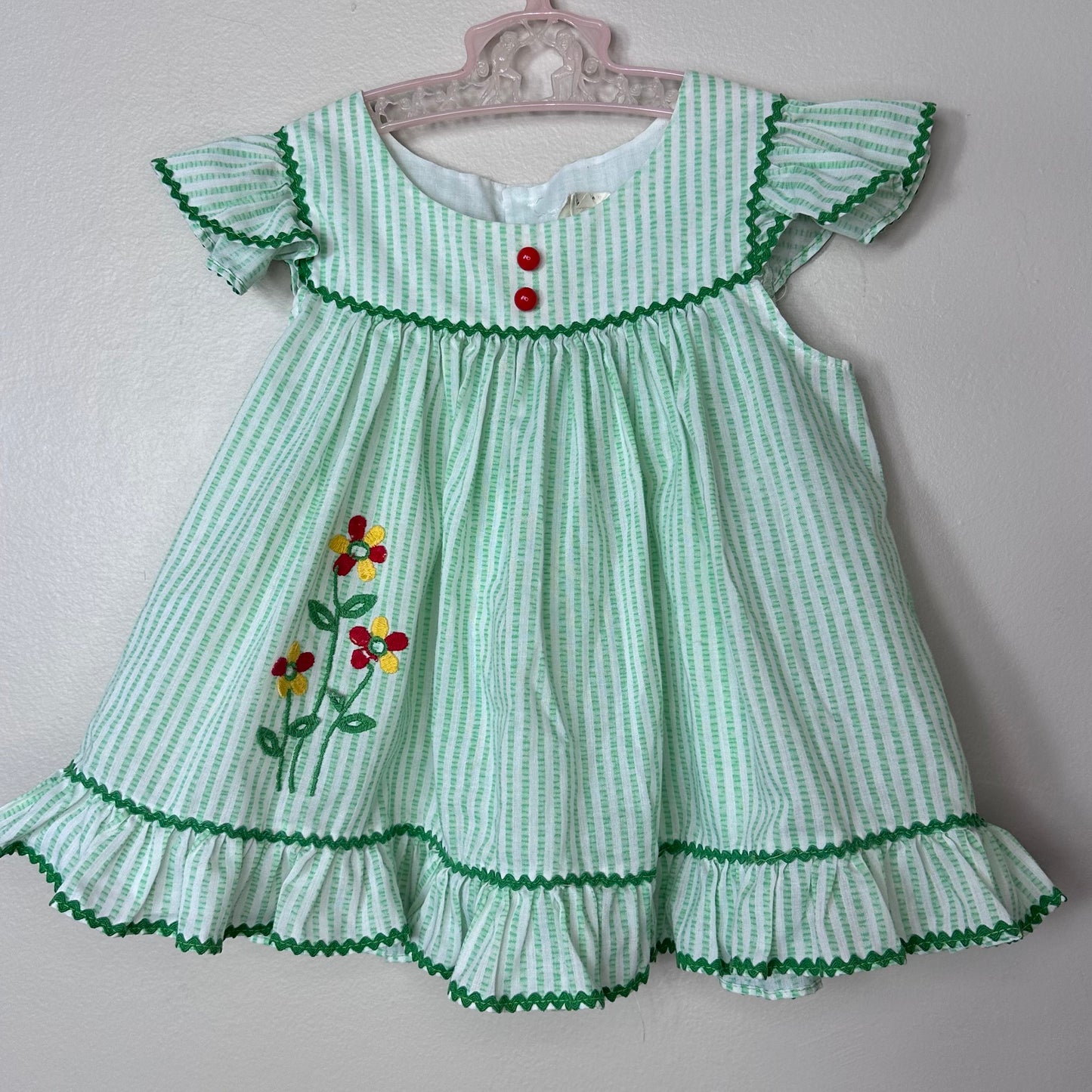 1970s/80s Green Stripe Pinafore Dress Set, Size 2T, Floral Applique