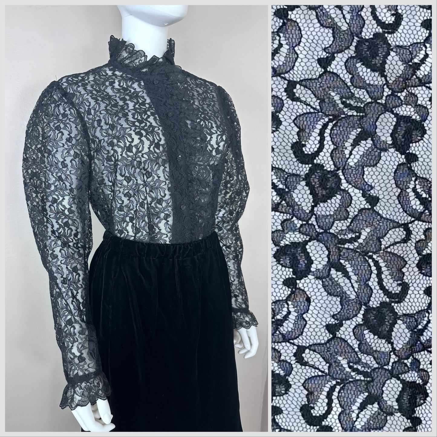 1970s Black Lace Victorian Inspired Blouse, Teddi of California Size XL, Deadstock with Tag